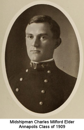 IMAGE/PHOTO: Midshipman Charles Milford Elder Annapolis Class of 1909: Sepia-tone portrait photograph of a young man with a long think nose and thin, flat lips, short dark hair parted on his left, wearing a double-breasted naval cadet uniform in an oval matte setting.